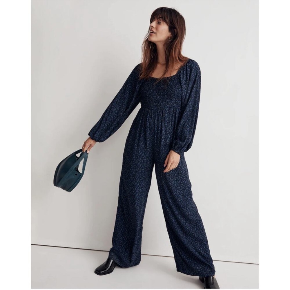 MADEWELL Lucie Tie-Back Long-Sleeve Jumpsuit in Navy Carmine Floral // 8